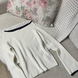 White Ribbed Sweater with Black Trim